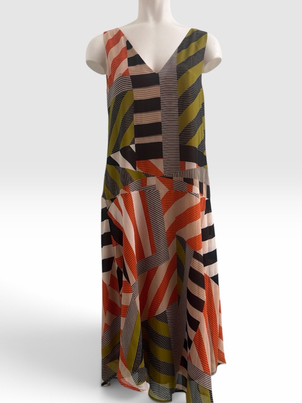 Commense V-Neck Multi-Stripe Midi-Dress - Olive, Orange & Brown